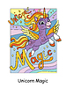 Cartoon flying unicorn and lettering magic