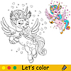 Vector clipart: Kids coloring with cute unicorn with hearts