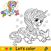 Vector clipart: Kids coloring with color template cute unicorn