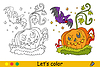Vector clipart: Halloween pumpkin and bat coloring