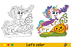 Vector clipart: Cute unicorn and bat Halloween concept coloring