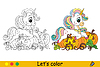 Vector clipart: Halloween coloring cute unicorn on pumpkins