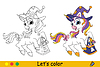 Halloween coloring cute unicorn wearing witch hat