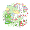Cute Cartoon Christmas Unicorn and lettering Merry