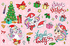 Vector clipart: Christmas set with winter unicorn stickers