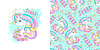 Vector clipart: Cute unicorn with flowers card and seamless pattern