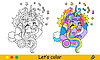 Vector clipart: Kids coloring with color template unicorn listen
