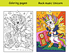 Cute rock music unicorn kids coloring with color