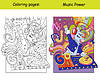 Vector clipart: Cute rock music DJ unicorn kids coloring with