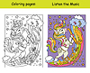 Cute retro music unicorn kids coloring with color