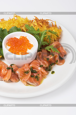 Potato pancakes salmon fish and red caviar | High resolution stock photo |ID 6928229