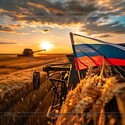 Mähdrescher mit Ernten unter russischer Flagge | Illustration mit hoher Auflösung |ID 7585367