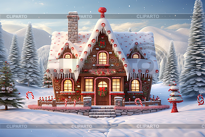 Christmas house in forest with candies and winter | High resolution stock illustration |ID 7500797