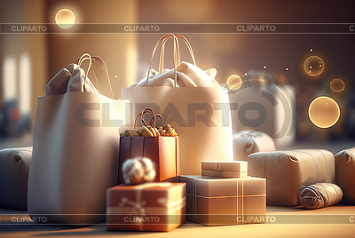 Bolsas de compras con compras en bokeh estilizado | Ilustración de alta resolución |ID 7570164