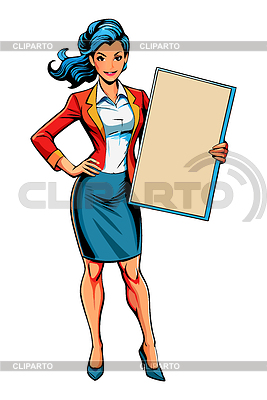 Mujer sosteniendo cartel en blanco en estilo retro pop art. | Ilustración vectorial de stock |ID 7583146