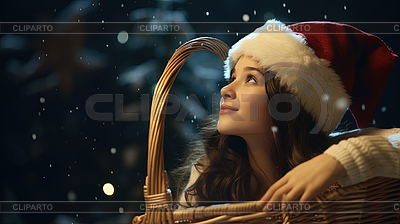 Niña de Navidad con canasta esperando el invierno. | Foto de alta resolución |ID 7602485