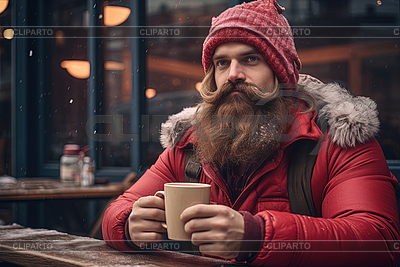 Hombre con barba se sienta a la mesa con una taza de café caliente | Ilustración de alta resolución |ID 7611152