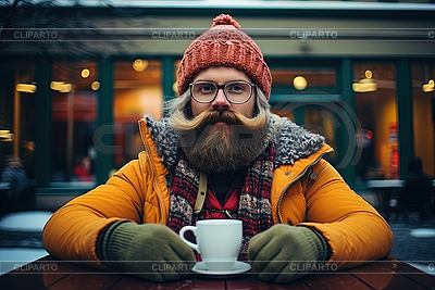 Hombre con barba se sienta a la mesa con una taza de café caliente | Ilustración de alta resolución |ID 7611153