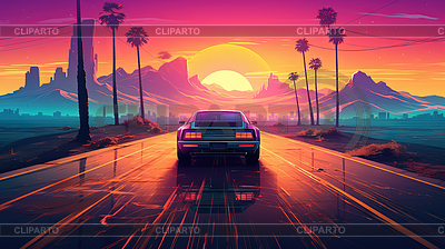 Car ride on morning road in 80s retro synthwave or | High resolution stock illustration |ID 7611179