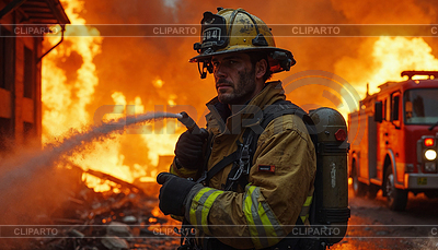 Bombero profesional parado frente al fuego | Ilustración de alta resolución |ID 7611273
