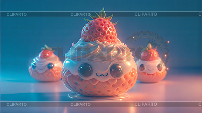 3D-персонаж из клубничного кекса с кремом в кавайном исполнении | Иллюстрация большого размера |ID 7612356