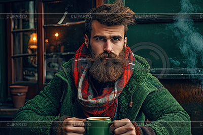 Hombre con barba se sienta a la mesa con una taza de café caliente | Ilustración de alta resolución |ID 7612393