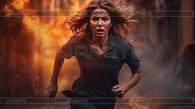 Actionaufnahme mit Frau auf der Flucht. Dynamische Szene in | Illustration mit hoher Auflösung |ID 7614989