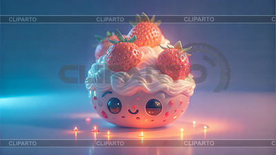 3D-персонаж из клубничного кекса с кремом в кавайном исполнении | Иллюстрация большого размера |ID 7615096