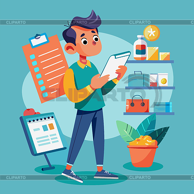 Hombre con lista de verificación de la lista de compras en casa, | Ilustración vectorial de stock |ID 7615195