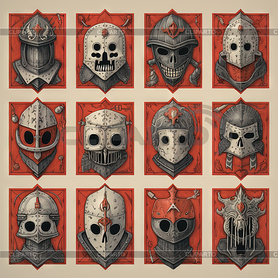 Mystic knight portraits set in metal armor. Occult | High resolution stock illustration |ID 7616108