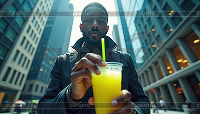 Man holding refreshing drink with straw on sunny | High resolution stock illustration |ID 7616131