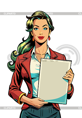Mujer sosteniendo cartel en blanco en estilo retro pop art. | Ilustración vectorial de stock |ID 7616216