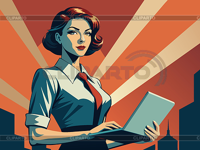 Poderosa mujer de negocios con computadora portátil, en poste retro | Ilustración vectorial de stock |ID 7616224