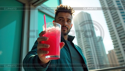 Man offers refreshing drink with straw on sunny cit | High resolution stock illustration |ID 7617851