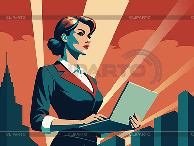 Poderosa mujer de negocios con computadora portátil, en poste retro | Ilustración vectorial de stock |ID 7617963