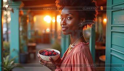Mujer sosteniendo un tazón de bayas frescas y sonriendo en | Ilustración de alta resolución |ID 7618694