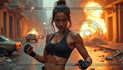 Strong female action hero in fiery urban street | High resolution stock photo |ID 7620355