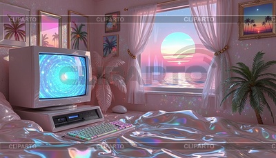 Escena de computadora retro con viejo monitor CRT, puesta de sol | Ilustración de alta resolución |ID 7620507