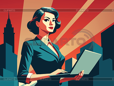 Poderosa mujer de negocios con computadora portátil, en poste retro | Ilustración vectorial de stock |ID 7620594
