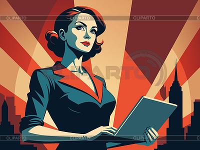 Poderosa mujer de negocios con computadora portátil, en poste retro | Ilustración vectorial de stock |ID 7621720