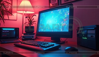 Escena de computadora retro con viejo monitor CRT, puesta de sol | Ilustración de alta resolución |ID 7621907