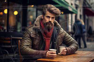 Hombre con barba se sienta a la mesa con una taza de café caliente | Ilustración de alta resolución |ID 7622989