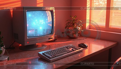Escena de computadora retro con viejo monitor CRT, puesta de sol | Ilustración de alta resolución |ID 7623012