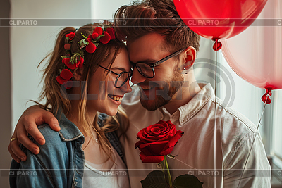 Happy couple holding red roses surrounded by | High resolution stock illustration |ID 7623035