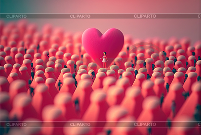 Figura en miniatura con corazón rosa en multitud surrealista o | Ilustración de alta resolución |ID 7623074