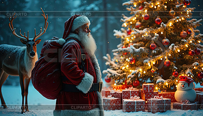 Santa Claus with reindeer beside decorated Christma | High resolution stock illustration |ID 7624021