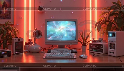 Escena de computadora retro con viejo monitor CRT, puesta de sol | Ilustración de alta resolución |ID 7624085