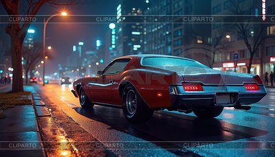 Muscle car vintage en la calle nocturna con neón | Ilustración de alta resolución |ID 7624245
