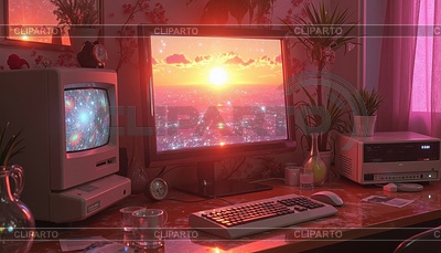 Escena de computadora retro con viejo monitor CRT, puesta de sol | Ilustración de alta resolución |ID 7627048