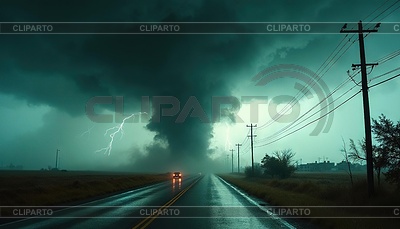 Massiver Tornado und Blitzschlag auf offener Straße | Illustration mit hoher Auflösung |ID 7627057